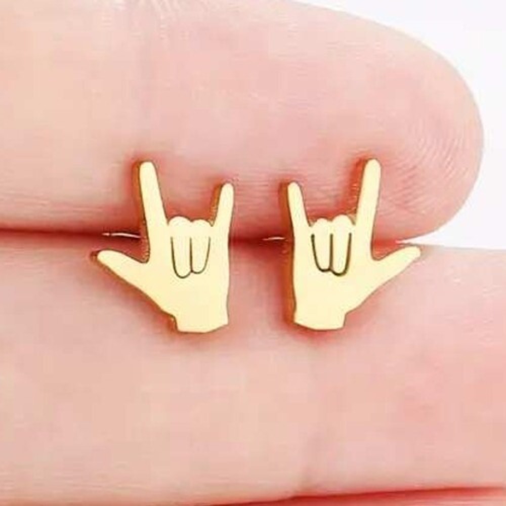 Hand Sign Earrings I Love You Rock On Studs Gold Plated Stainless‎ Steel